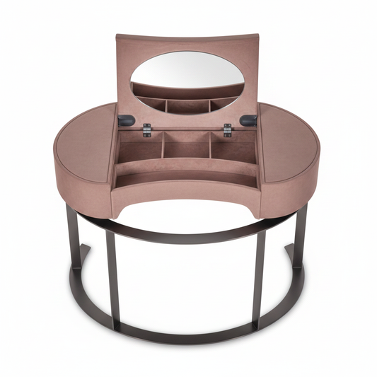 Top view of Luna dressing table with oval mirror and arc base