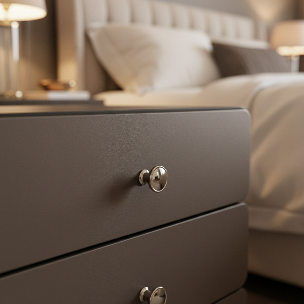 Close-up of dark taupe matte drawer surface and silver knob handle on Strato Bedside Table