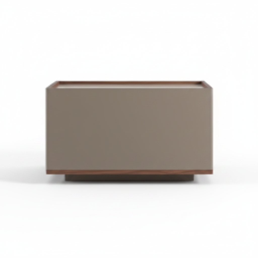 Back view of warm greige matte low bedside table on thin walnut plinth base
