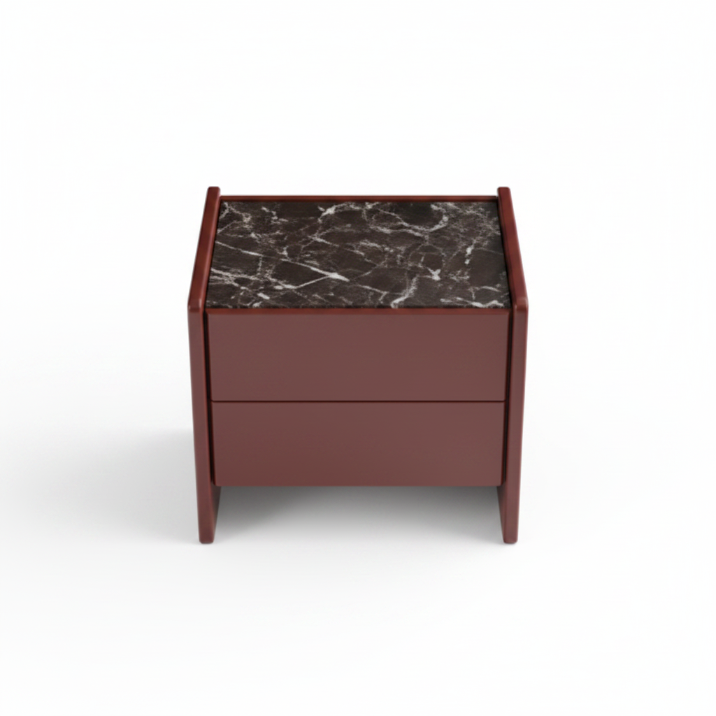Top view of deep burgundy matte lacquer slab bedside table showing dark grey marble top with white veining