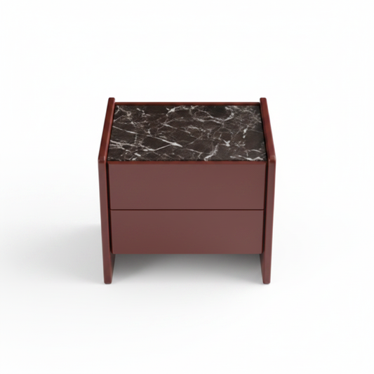 Top view of deep burgundy matte lacquer slab bedside table showing dark grey marble top with white veining