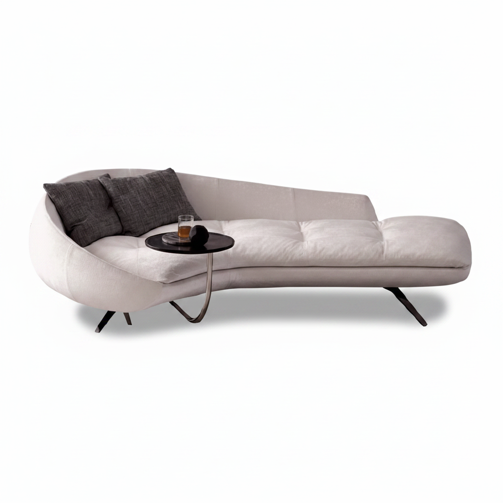Large curved asymmetric cream fabric chaise sofa with integrated side table and matte black splayed legs on white background
