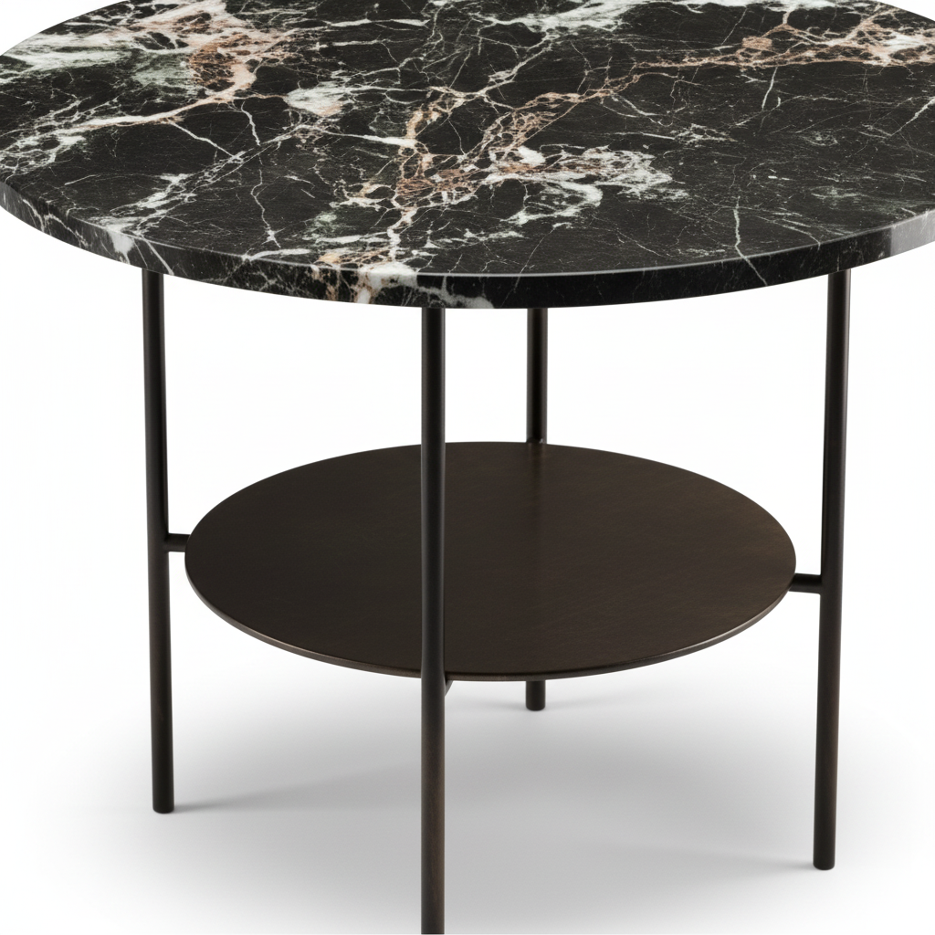 Close-up of Strato Coffee Table dark marble top veining and bronze lower shelf detail