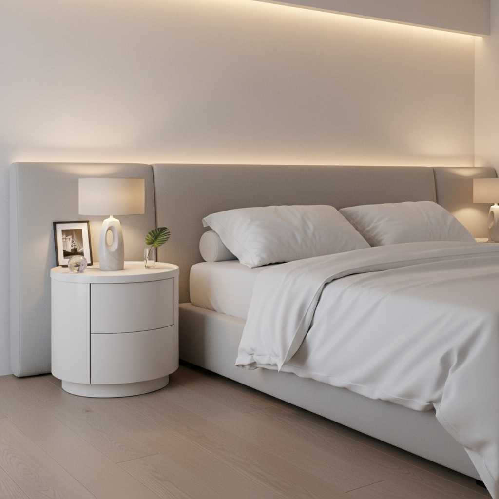 Warm white matte cylindrical bedside table styled in a luxury modern bedroom