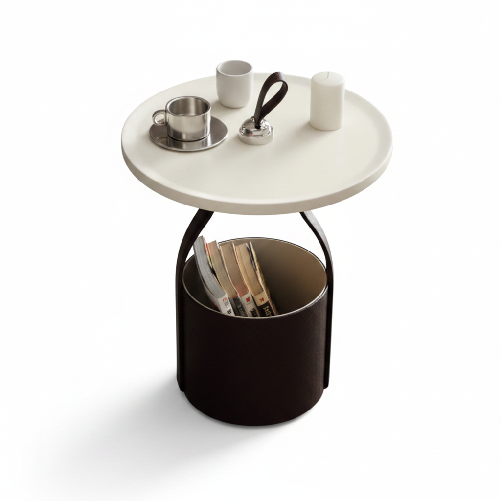 Cesto Side Table styled with ceramic cup, candle and rolled magazines in basket