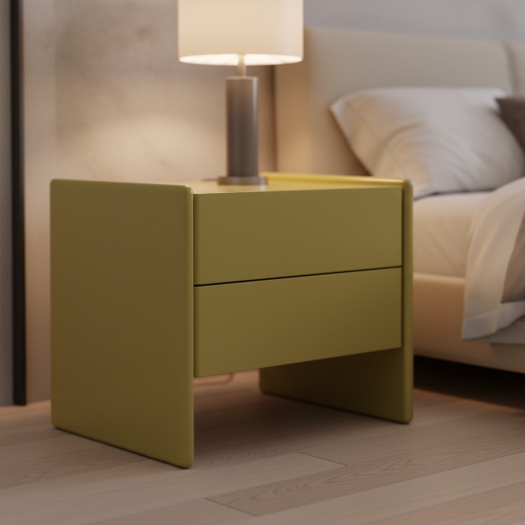 Close-up of olive matte lacquer surface and flush drawer gap on Ulivo Bedside Table