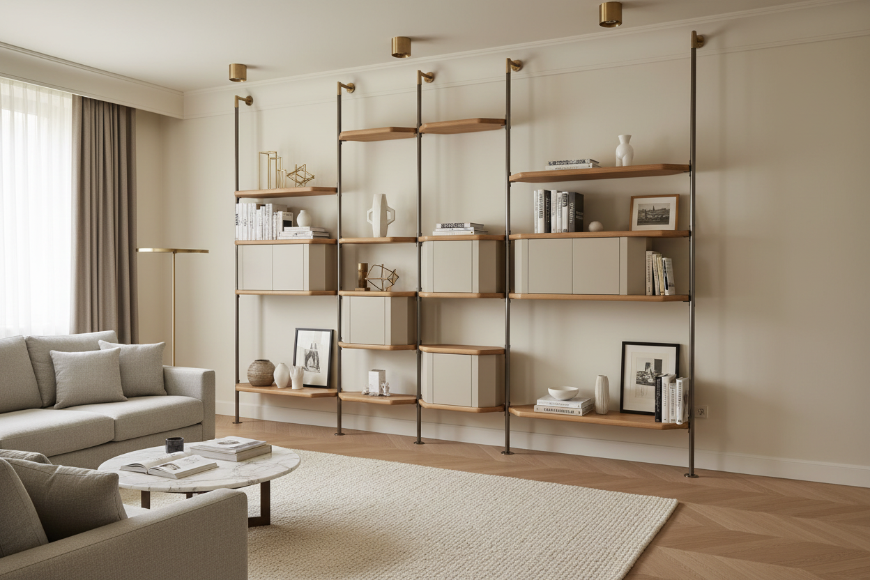 Auris Pole Shelving System in luxury modern living room reaching full ceiling height
