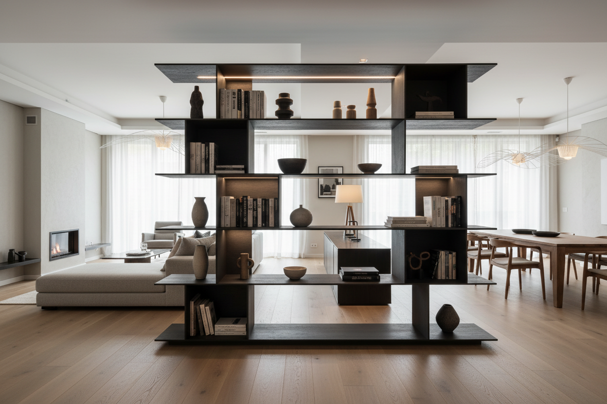Stratum Shelf as room divider in luxury modern open-plan interior