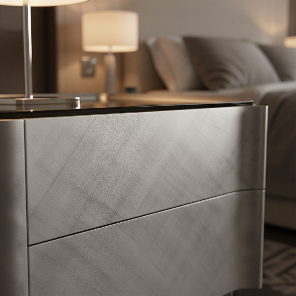 Close-up of brushed gunmetal steel surface with horizontal grooves and smoked glass top on Acciaio Bedside Table