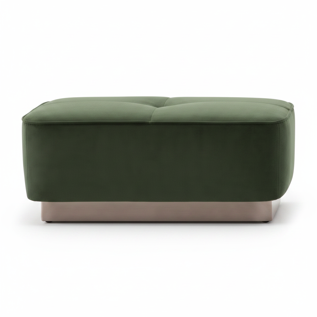 Forest green velvet ottoman with button tufting and brushed silver plinth base on white background