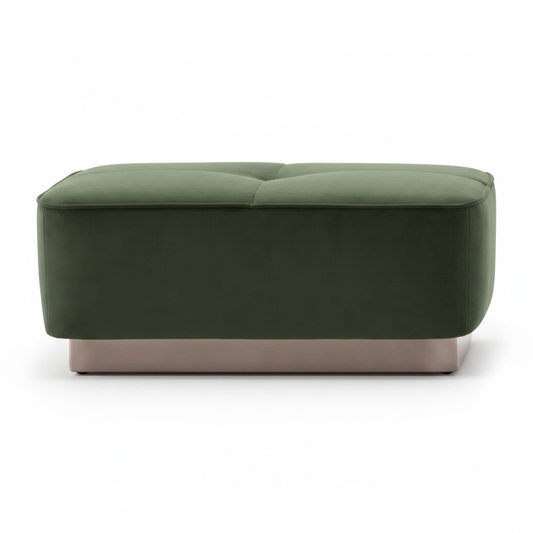 Forest green velvet ottoman with button tufting and brushed silver plinth base on white background