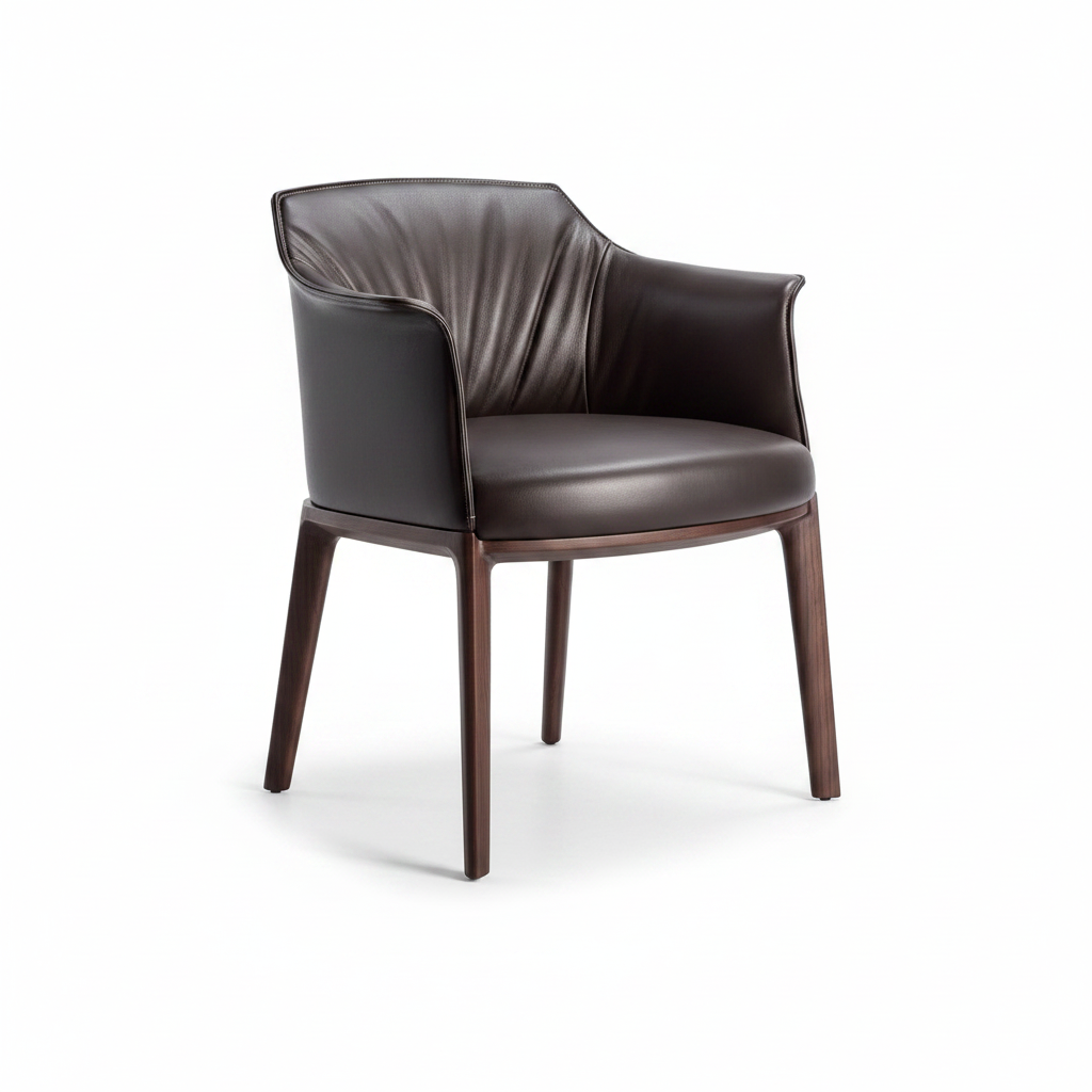 Three-quarter angled view of the Arcadia Dining Armchair showing the fan-pleated backrest and walnut legs