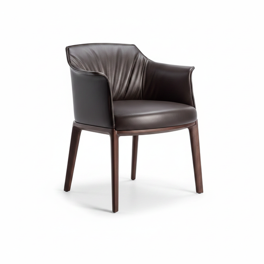 Three-quarter angled view of the Arcadia Dining Armchair showing the fan-pleated backrest and walnut legs