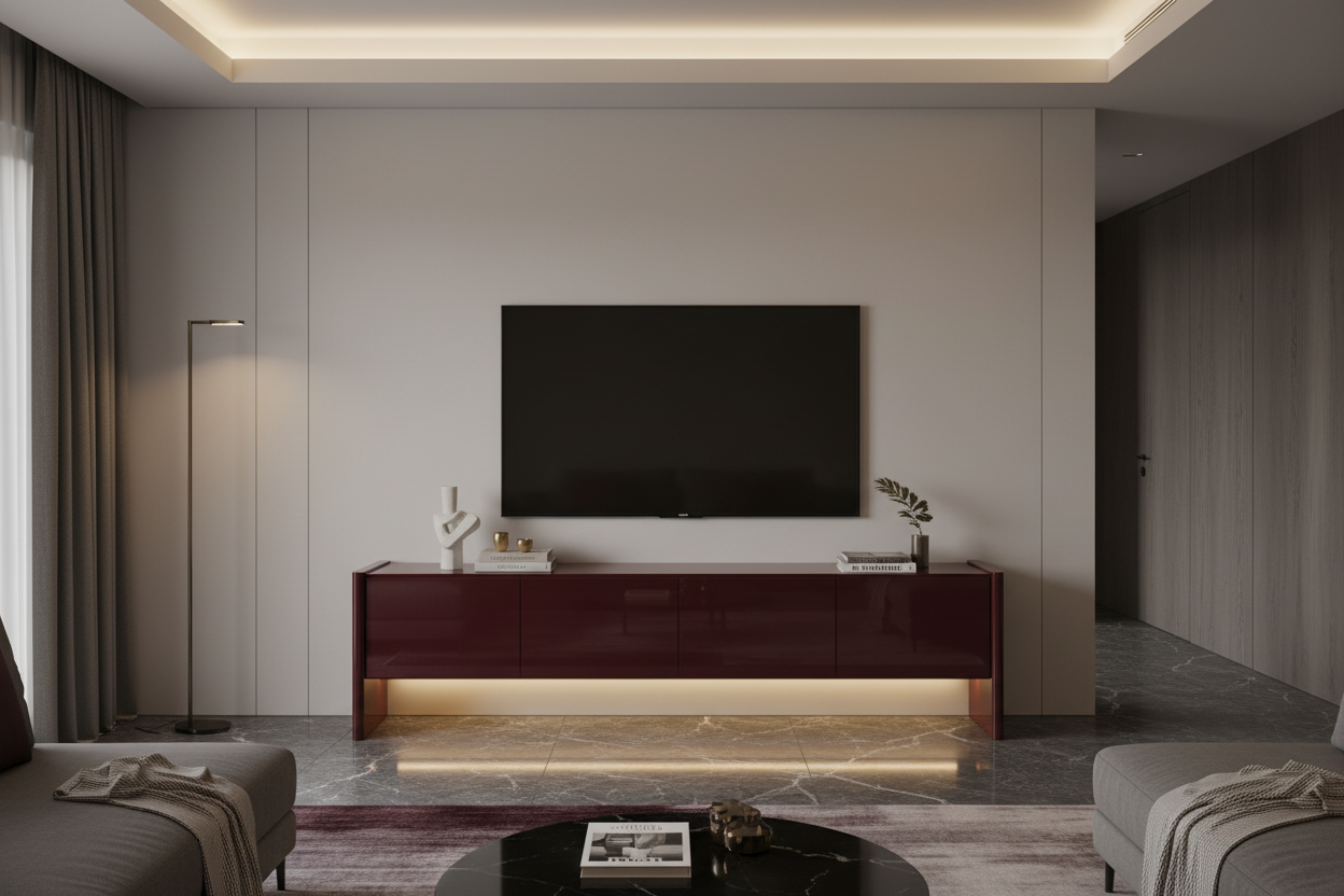 Rubra Media Console in luxury modern living room with wall-mounted TV above and warm LED underlighting