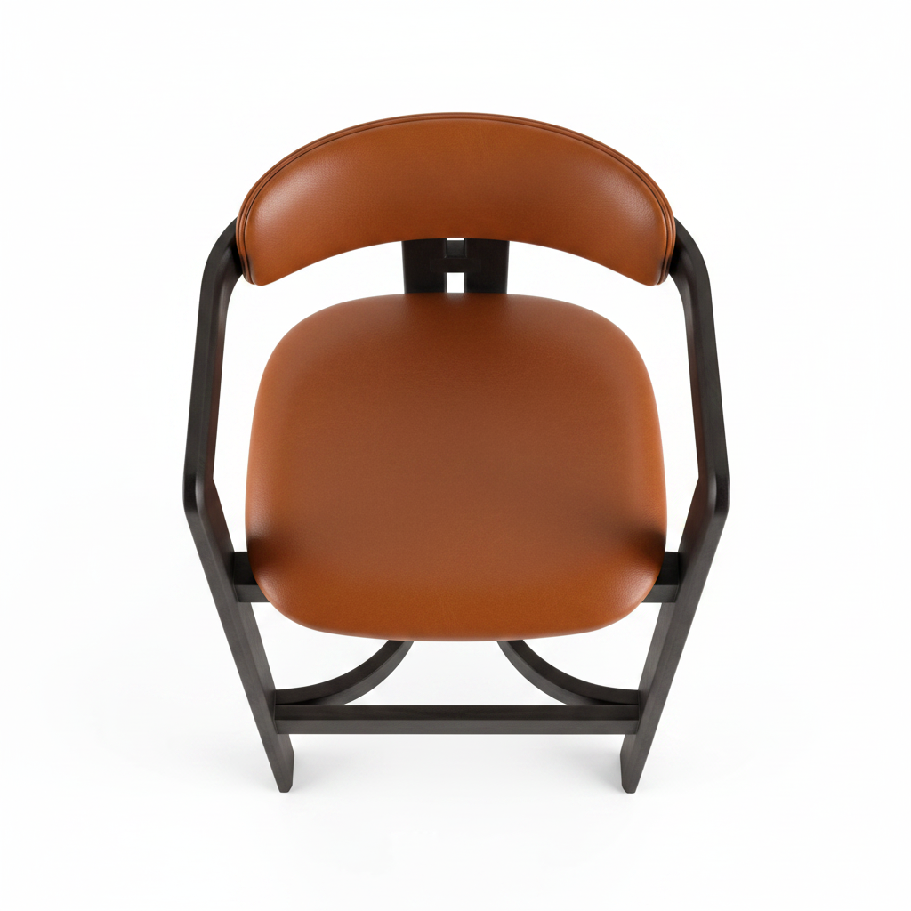 Top view of cognac leather bar stool with matte black architectural wood frame