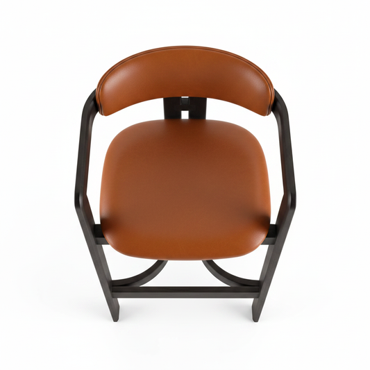 Top view of cognac leather bar stool with matte black architectural wood frame