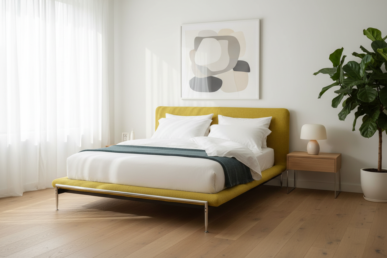Sole king bed — bright contemporary bedroom interior lifestyle
