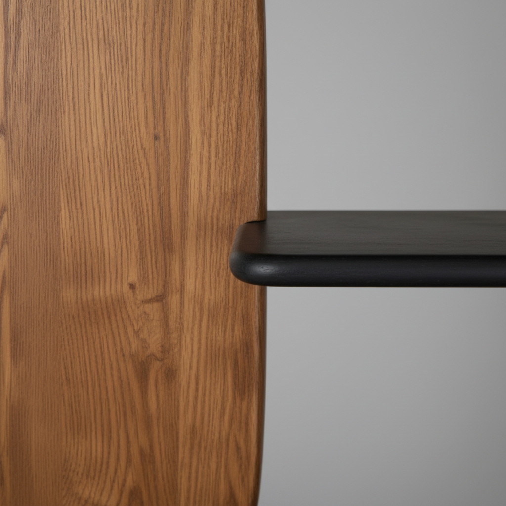 Cairn Shelving Unit close-up of oak upright grain and matte black shelf junction