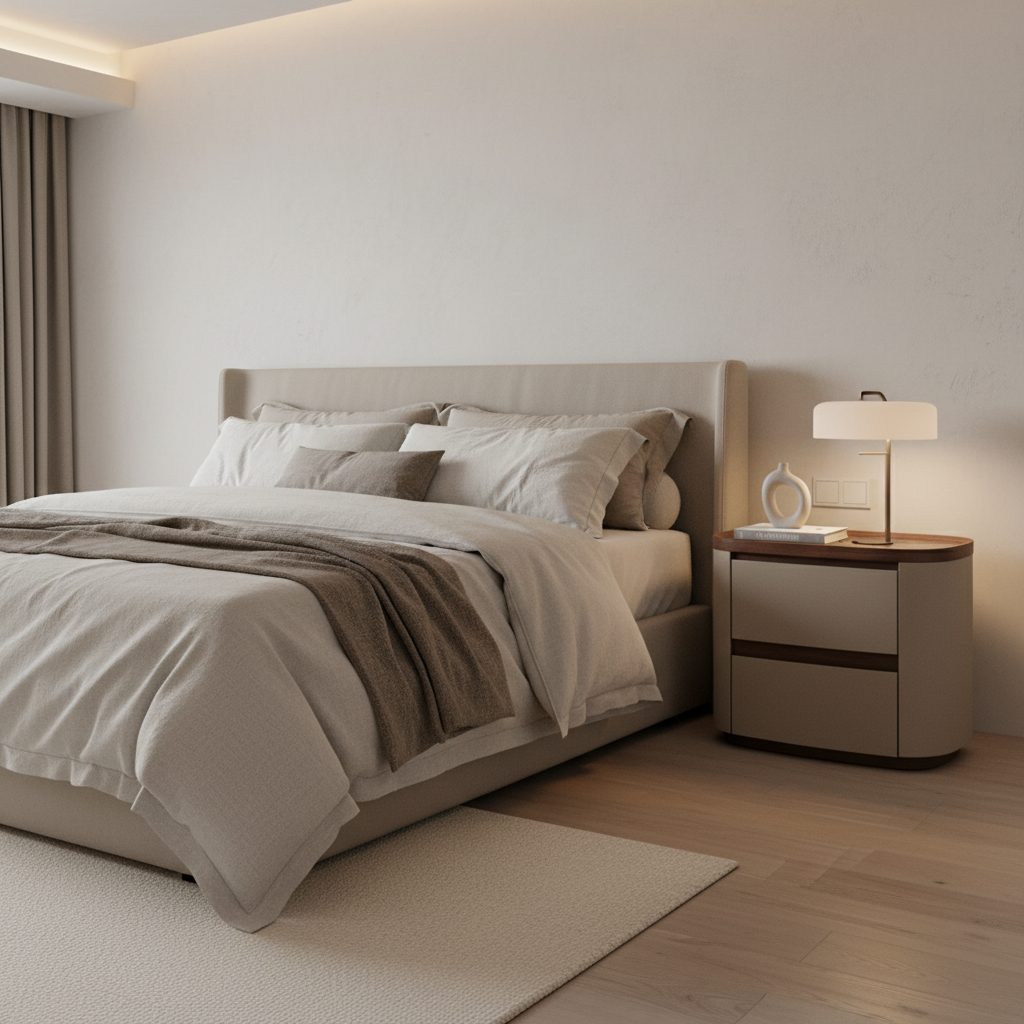 Warm greige matte rounded bedside table with walnut top styled in a luxury modern bedroom