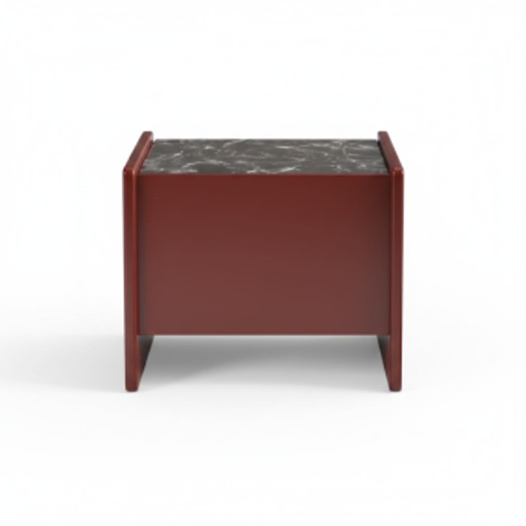 Back view of deep burgundy matte lacquer U-shaped slab bedside table