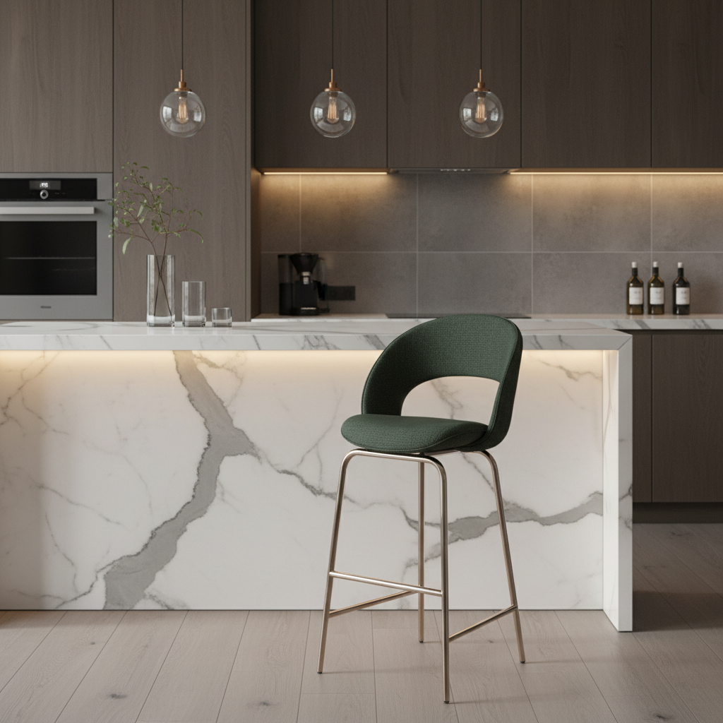 Dark forest green open-back bar stool styled in a luxury modern kitchen bar interior