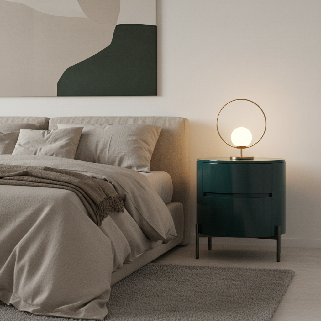 Deep teal lacquer cylindrical bedside table styled in a luxury modern bedroom