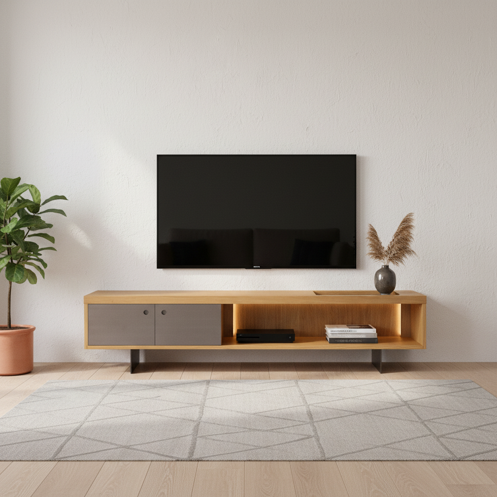 Terroir Media Console front studio view showing oak body, grey doors and LED glow