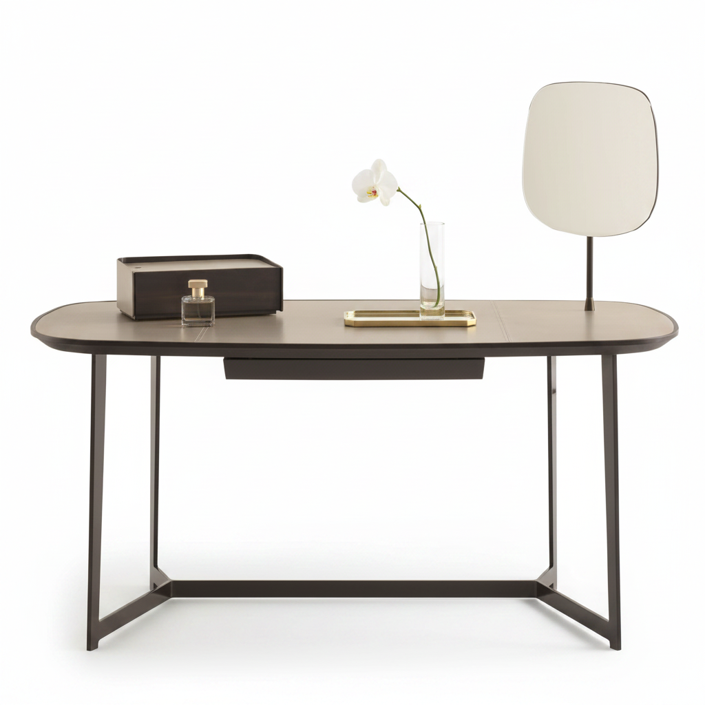 Ovale dressing table styled with perfume and orchid accessories