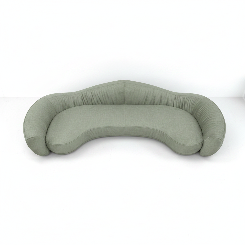 Vellara curved bouclé sofa in sage green, top view