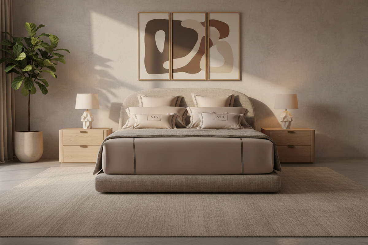Ovale bed in a serene modern luxury bedroom interior