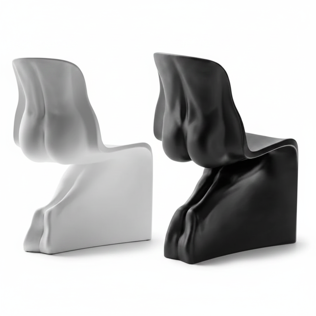 Angled view of the Forma Sculptural Accent Chair in matte white and matte black side by side