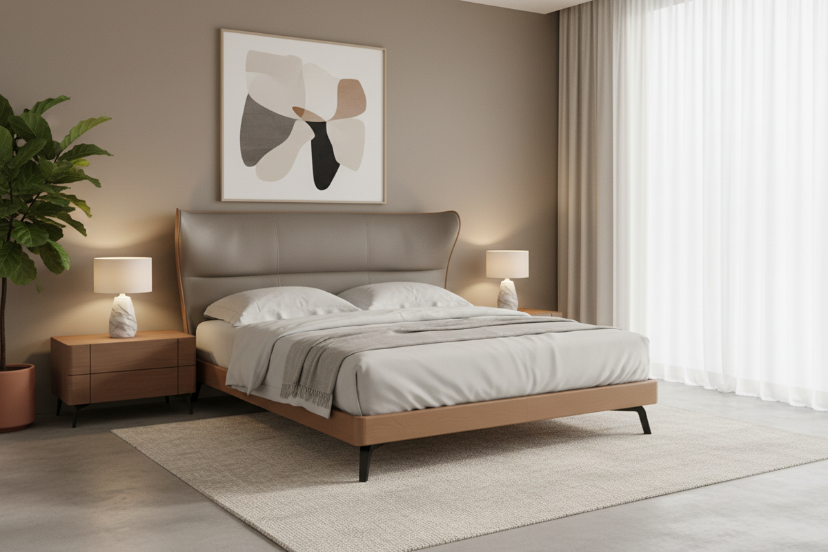 Aldora bed in a sophisticated modern bedroom with walnut accents