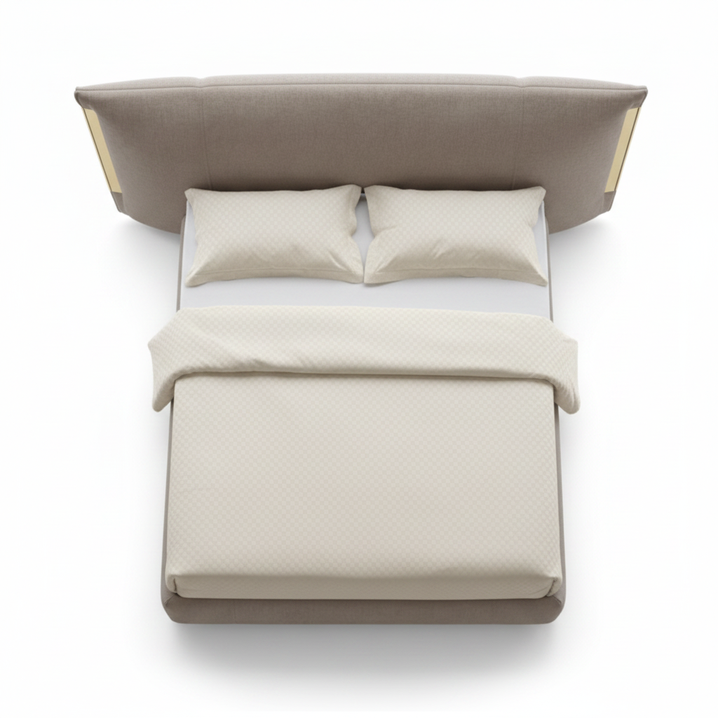 Aurel Bed Frame top view, taupe upholstery with brass accent trim, white background