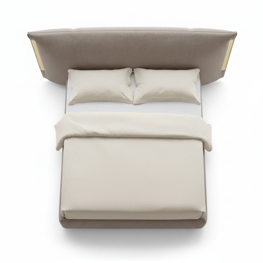 Aurel Bed Frame top view, taupe upholstery with brass accent trim, white background