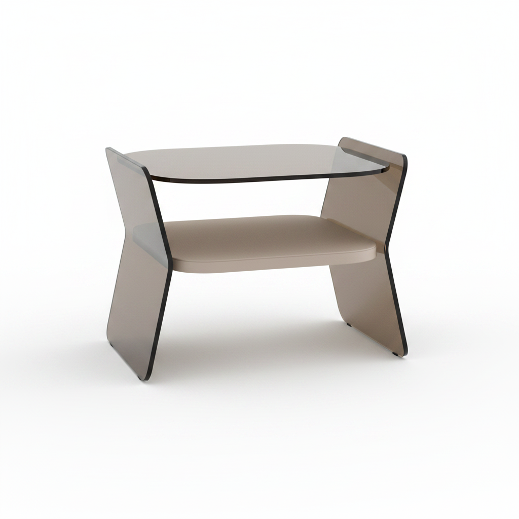 Smoked bronze amber tinted curved glass panel side table with cream floating shelf, front view on white background