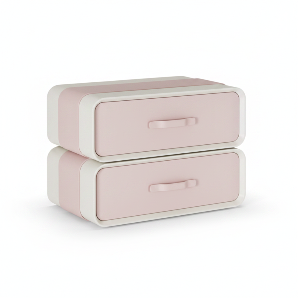Cream matte stepped bedside table with blush pink drawer fronts and matching pink bar handles, front view on white background