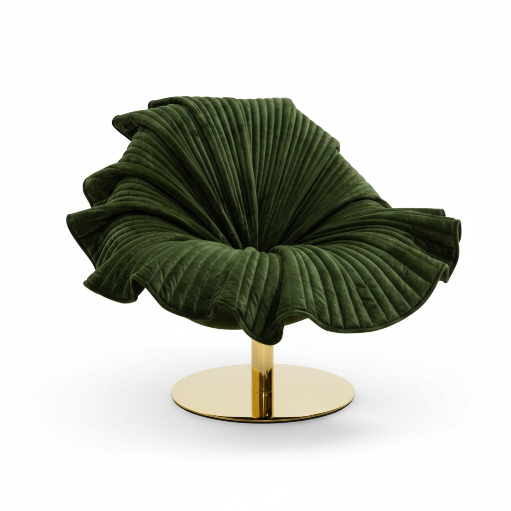 Sculptural bloom lounge chair in dark forest green pleated velvet with polished gold pedestal base on white background