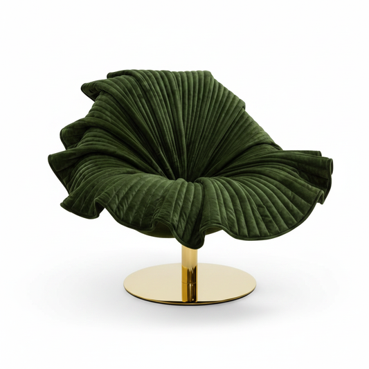 Sculptural bloom lounge chair in dark forest green pleated velvet with polished gold pedestal base on white background