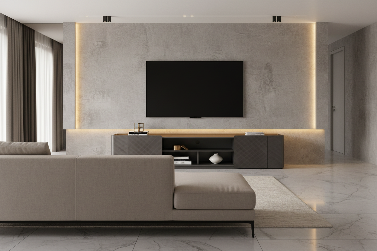 Grafik Media Console in luxury modern living room with wall-mounted TV above