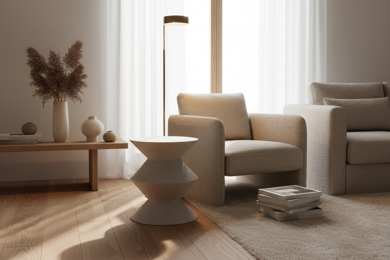 Zeta Stool beside a linen armchair in a minimal modern living room