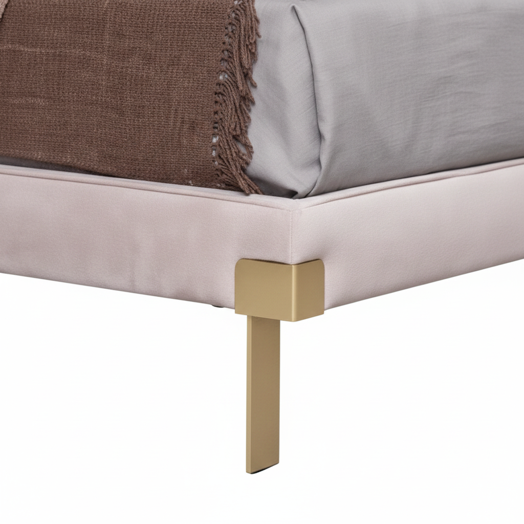 Rosea king bed — close-up blush pink channel tufting and gold leg detail