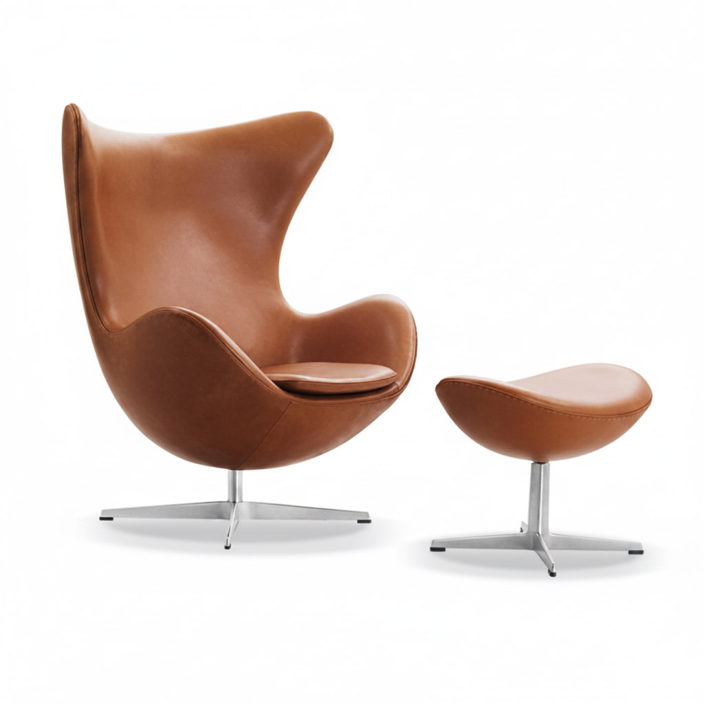 Side profile of cognac tan leather egg chair on polished aluminium swivel base