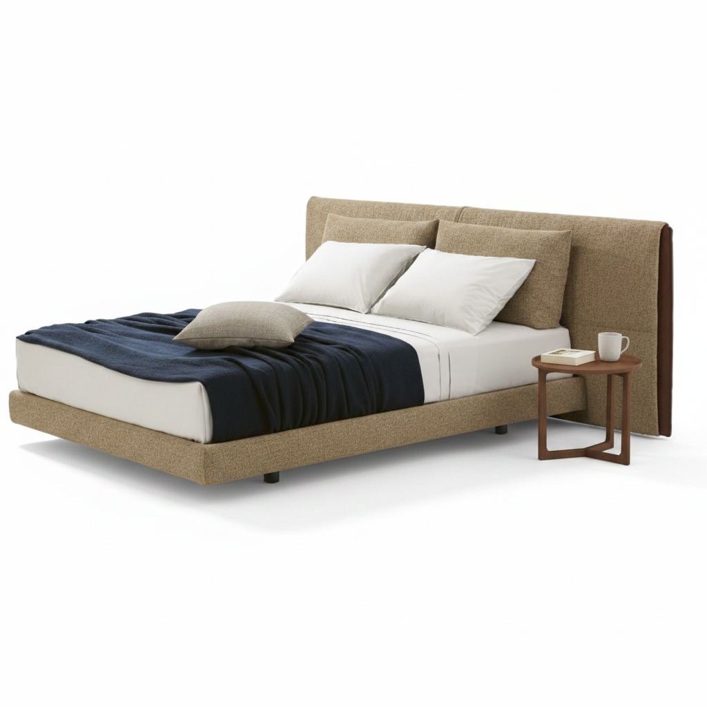 Velano Bed Frame styled with white linen, navy throw, and bedside accessories