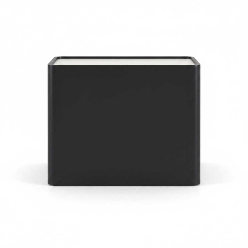 Back view of matte charcoal minimalist bedside table on white background