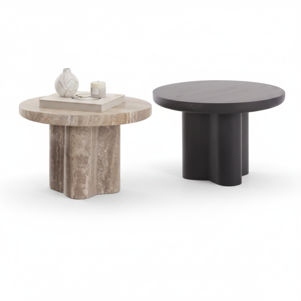 Petal Coffee Table in travertine and espresso black finishes side by side with accessories