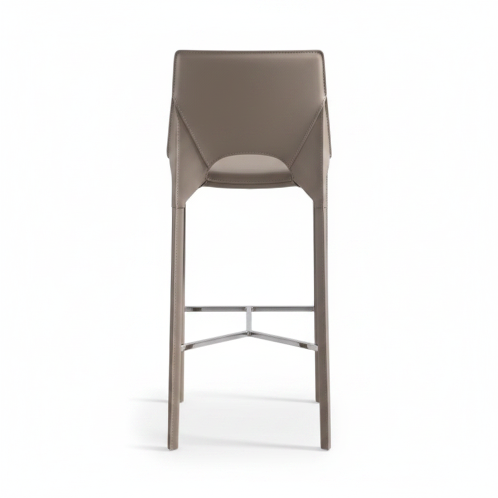Back view of fully leather-wrapped taupe bar stool with chrome footrest