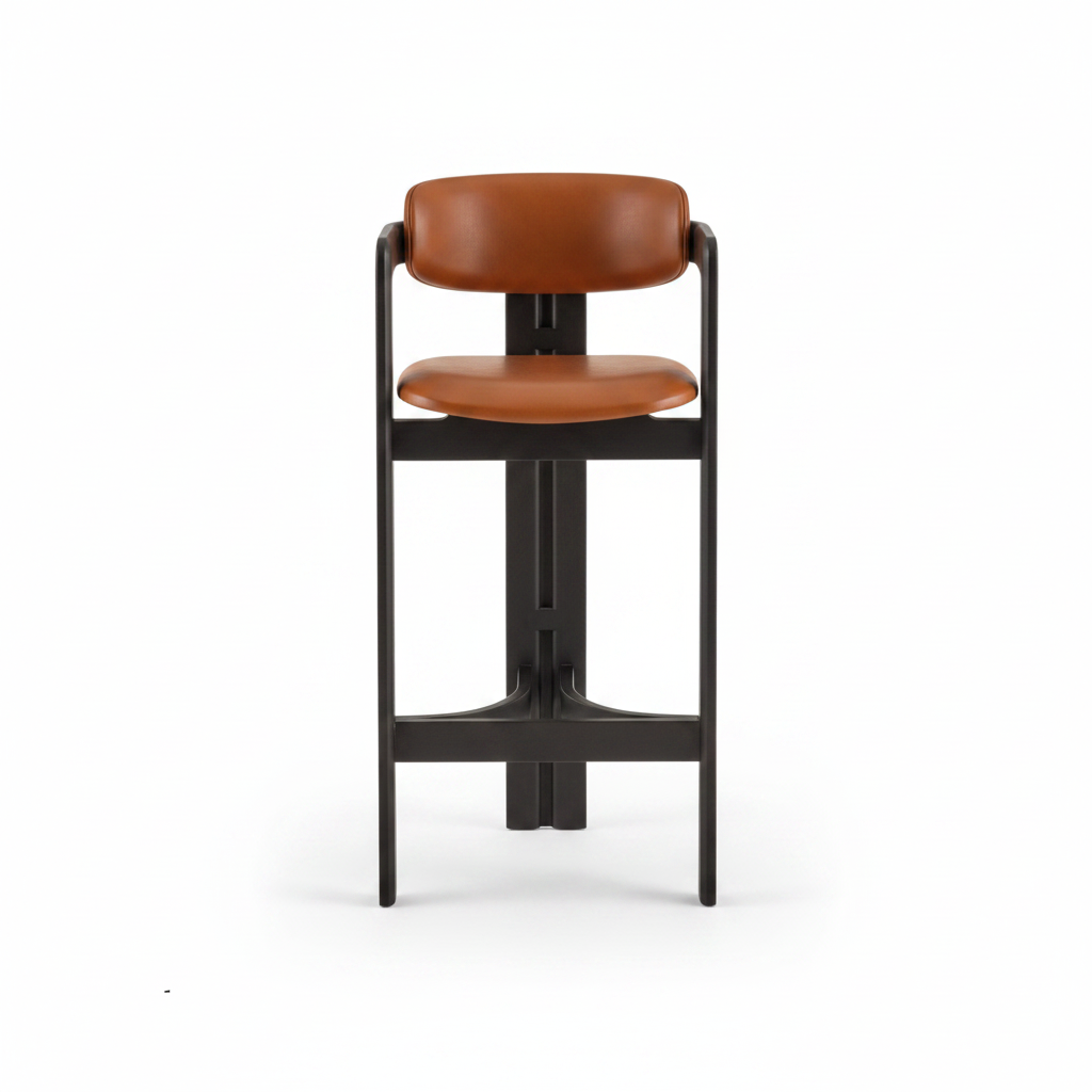 Cognac leather armed bar stool with matte black architectural wood frame, front view on white background