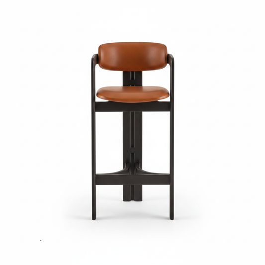 Cognac leather armed bar stool with matte black architectural wood frame, front view on white background
