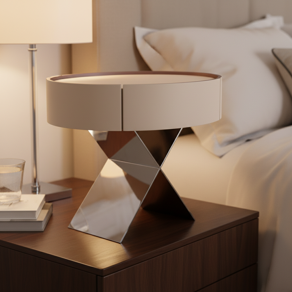 Close-up of cream matte cylindrical body and polished chrome X-shaped crossed base on Croce Bedside Table