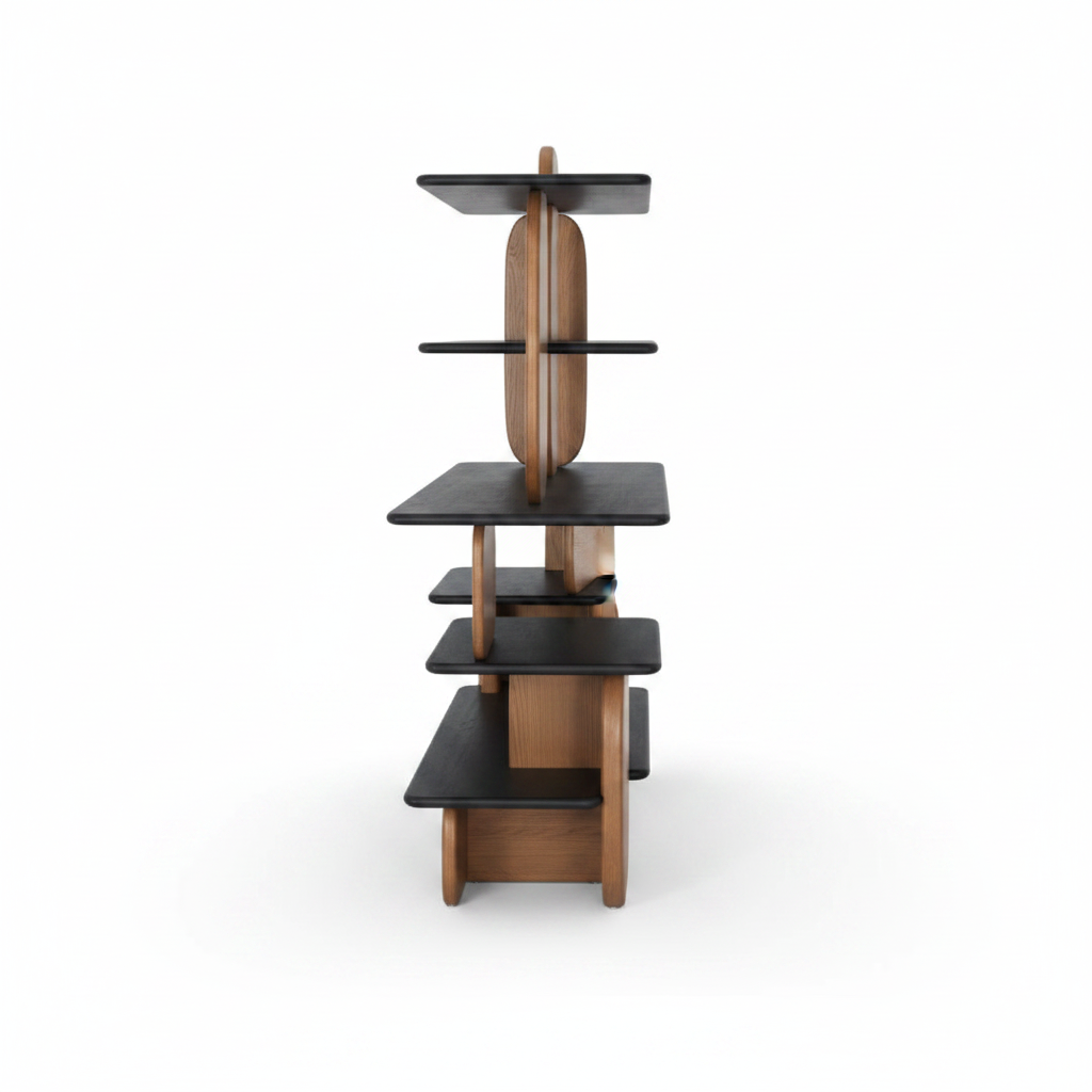Cairn Shelving Unit side profile showing shelf depth and oval upright thickness